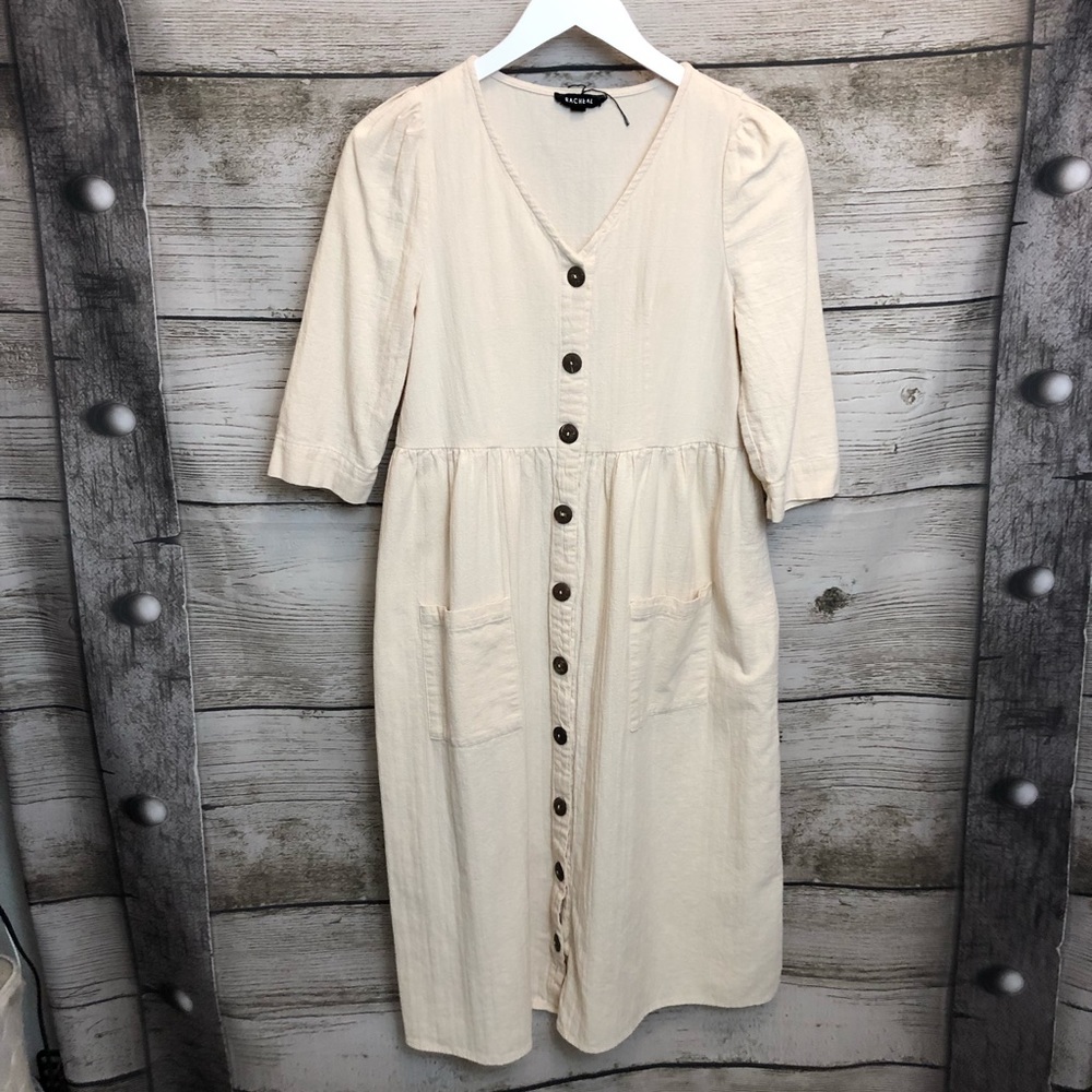 Rachel Oatmeal Cottage Core Button Up Midi Dress - Picture 2 of 16
